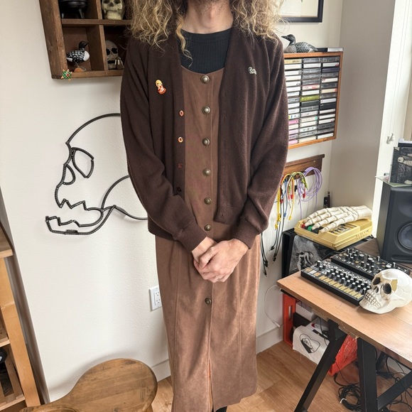 Vintage 90s Brown Lined Pinafore Midi Dress w Grommet Straps ~ Size Small - Picture 2 of 8